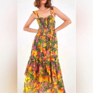 Farm Rio Orange Sunset Colorful Sleeveless Smocked Tiered Maxi Dress Size M
